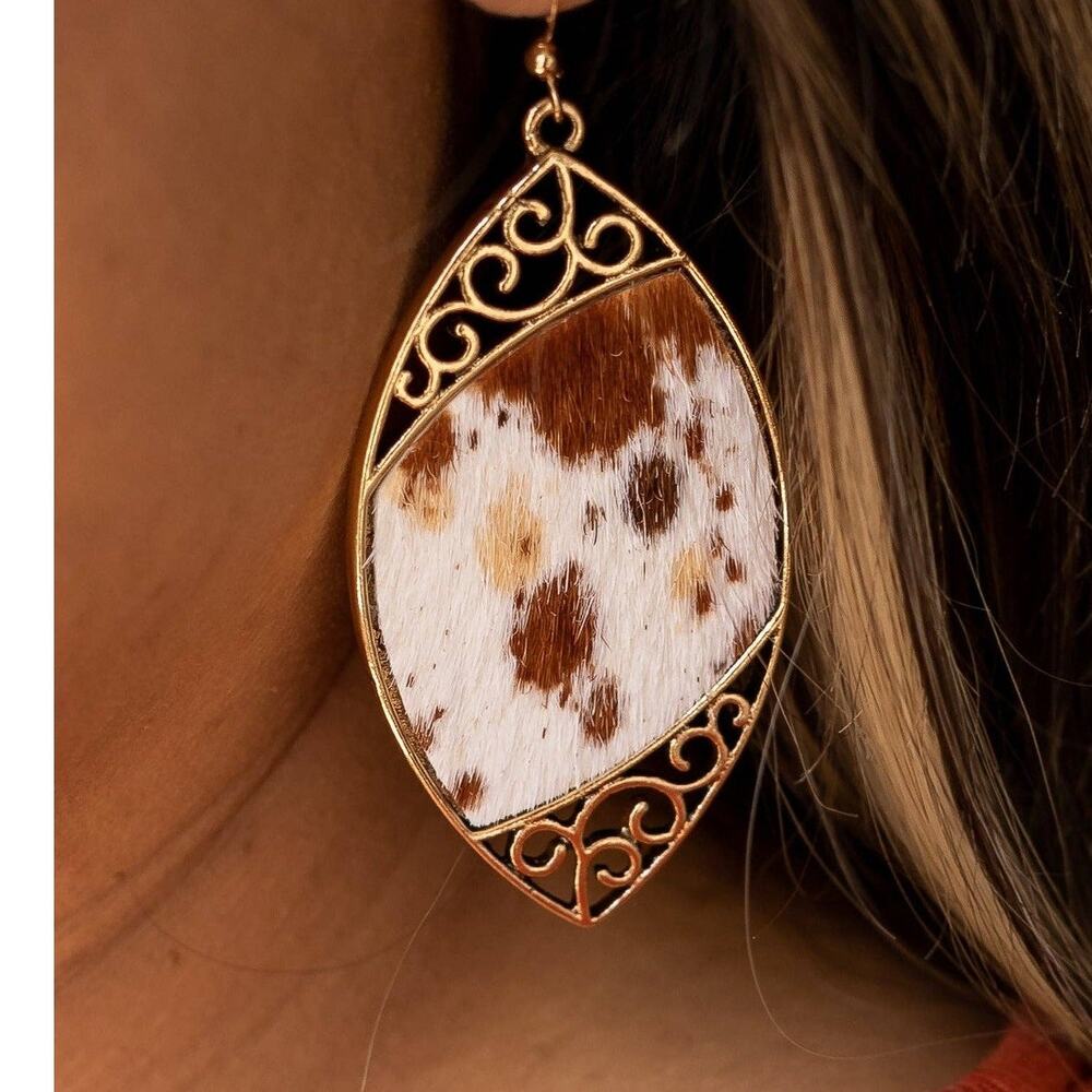 Cowhide Serenade Gilded Gold Scroll Earrings with a Twist